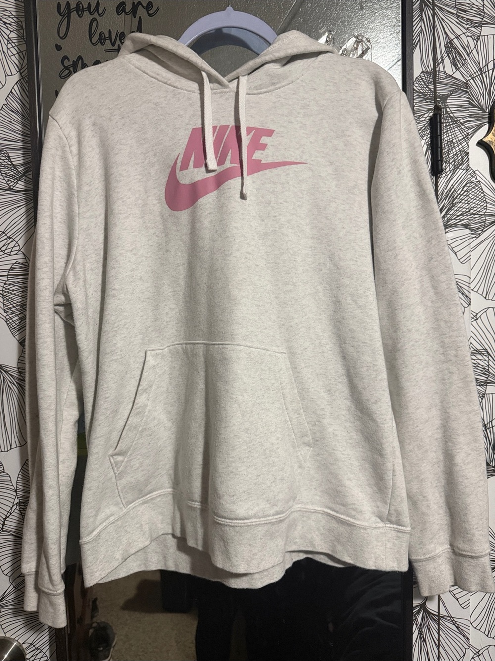 Nike Light Gray Hoodie with Pink Swoosh Logo